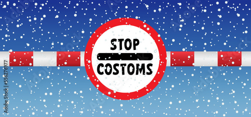 Cartoon slogan stop customs in a old zoll douane signboard. Vector barrier gate sign, Border and customs control. For tourism, refugees, immigrant or migrant workers in to the country. customs office