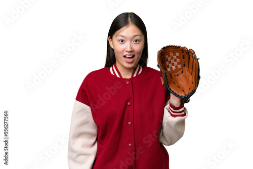 Young asian woman with baseball glove over isolated background with surprise facial expression