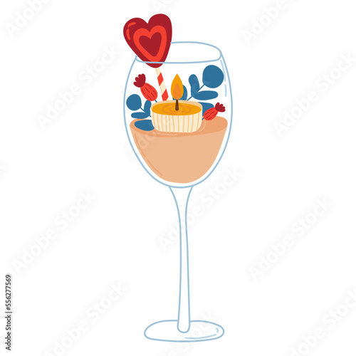 Cozy wine glass with burning tea candle isolated on white background