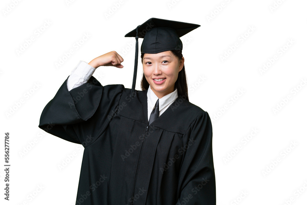 Young university graduate Asian woman over isolated background doing strong gesture Young university graduate Asian woman over isolated background doing strong gesture