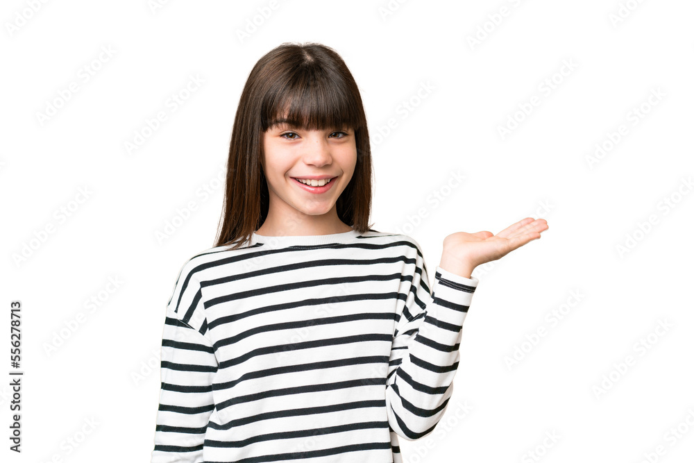Little caucasian girl over isolated background holding copyspace imaginary on the palm to insert an ad Little caucasian girl over isolated background holding copyspace imaginary on the palm to insert an ad