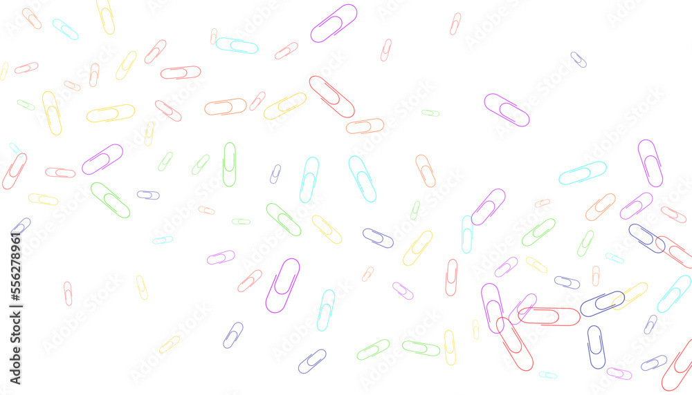 Paper clips are scattered on a white background. Decorative element. Background for design, school and office supplies Paper clips are scattered on a white background. Decorative element. Background for design, school and office supplies
