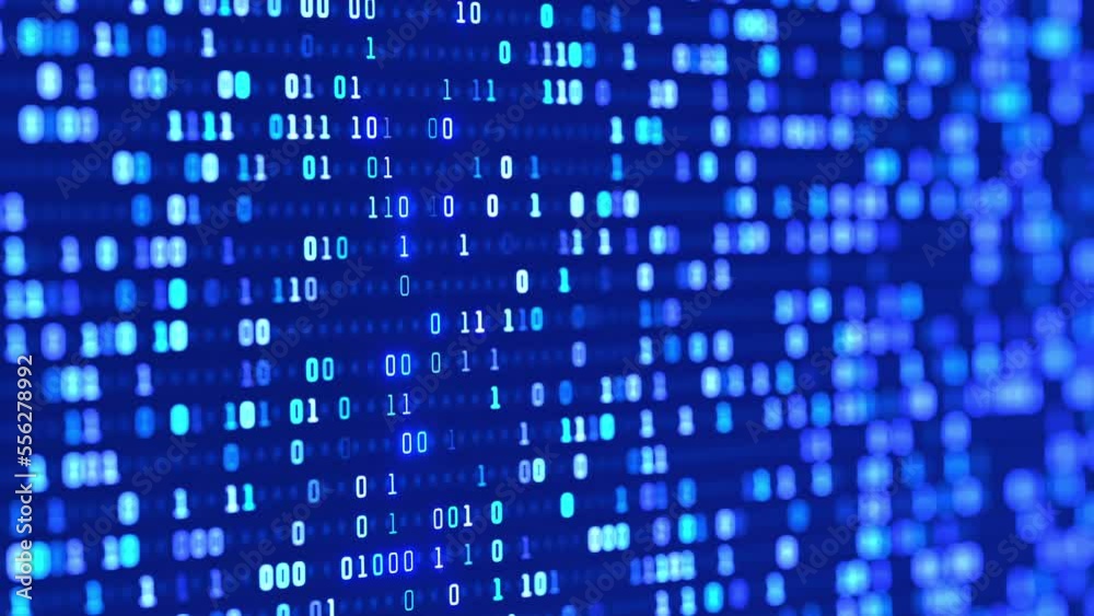 Digital blue background. Binary numbers change randomly.