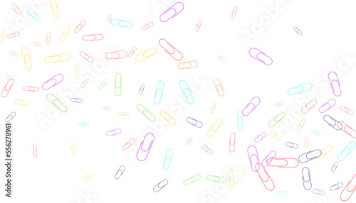 Paper clips are scattered on a white background. Decorative element. Background for design, school and office supplies
