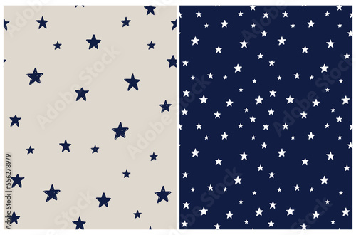 Tiny Stars Seamless Vector Patterns. Irregular Hand Drawn Simple Starry Sky Print for Fabric, Textile, Wrapping Paper. Infantile Style Galaxy Design. Little Stars Isolated on a Beige and Dark Blue.