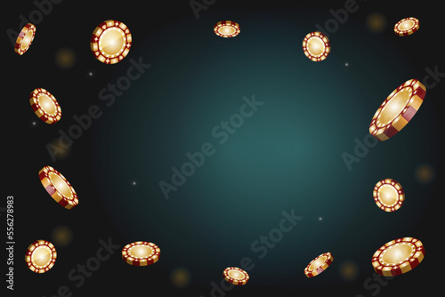 Falling golden poker chips on dark background with lights, sparkles and bokeh. Vector illustration for casino, game design, flyer, poster, banner, web, advertising.