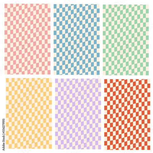 Vector set of 6x checkered retro seamless patterns.Retro groovy checkered distorted patterns.Retro wavy psychedelic checkerboard