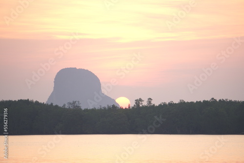 The sunrise morning background at Ban Sam Chong Tai, Ta Kua Thung, Phangnga, Thailand.
