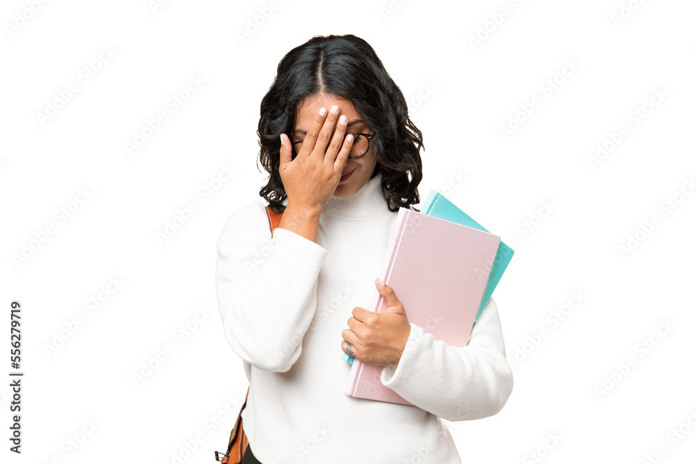 Young Argentinian student woman over isolated background with tired and sick expression Young Argentinian student woman over isolated background with tired and sick expression