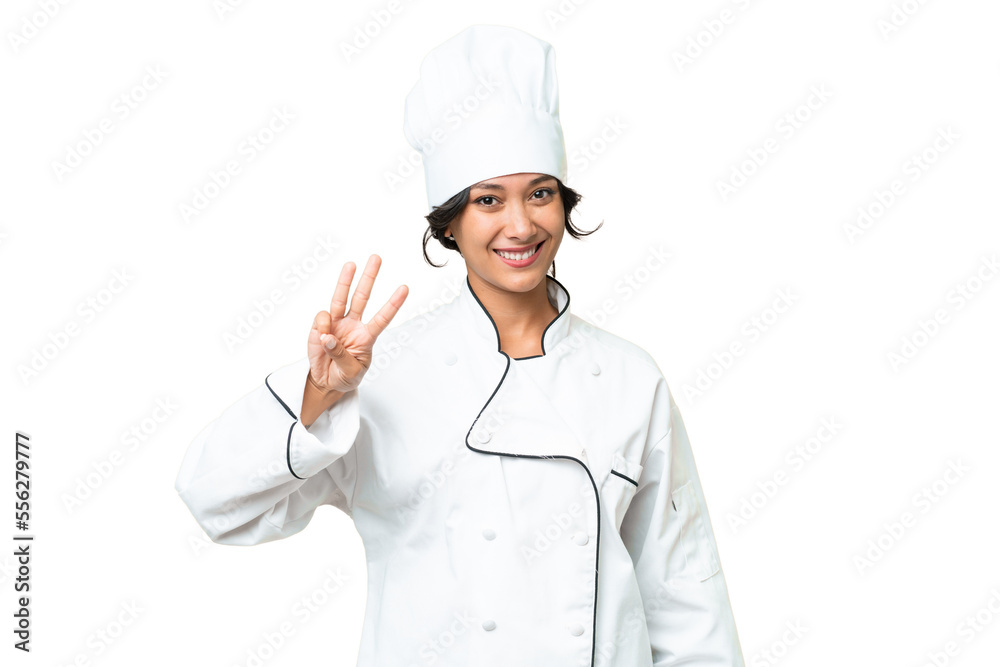 Young chef Argentinian woman over isolated background happy and counting three with fingers Young chef Argentinian woman over isolated background happy and counting three with fingers