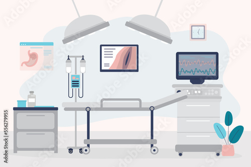 Surgery room interior, without medical staff. Operating room with medicines instruments, accessories and spotlights. Intensive care, surgery, patient care. Healthcare concept.
