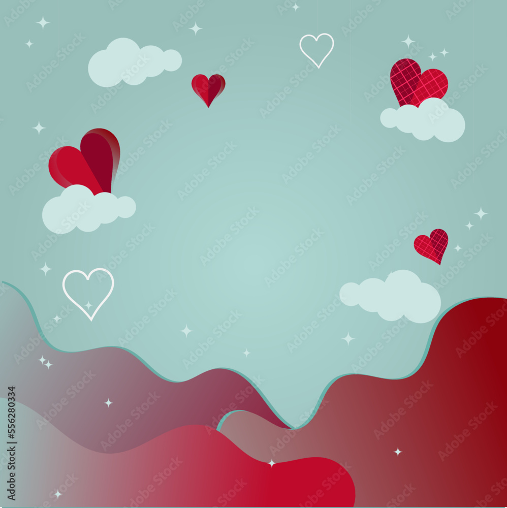 background template for valentine's day, in cyan and red colors, with copy space area, suitable for greeting cards and social media feed design
