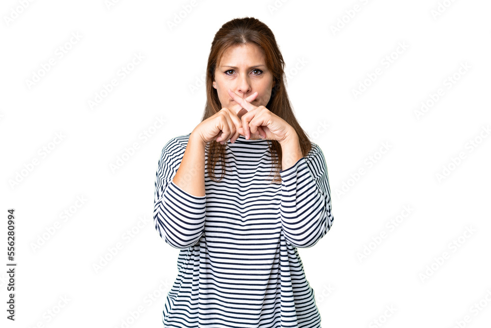 Middle age woman over isolated background showing a sign of silence gesture Middle age woman over isolated background showing a sign of silence gesture