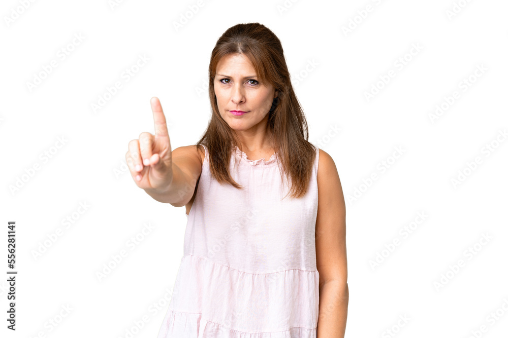 Middle age woman over isolated background counting one with serious expression Middle age woman over isolated background counting one with serious expression