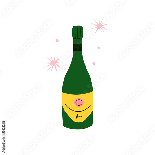 Champagne bottle card. Cartoon modern wine. Doodle drawing contemporary card or poster. Alcoholic drink for celebration new year, wedding and birthday. Festive party beverage, vector isolated set