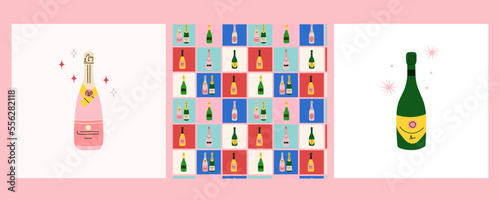 Champagne bottle set. Cartoon modern pink wine. Doodle drawing contemporary card or poster and seamless pattern. Alcoholic drink for celebration new year, wedding and birthday. Festive party vector