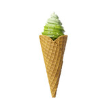 3D rendering Green Tea Ice Cream Cone Closeup on White Backgroun
