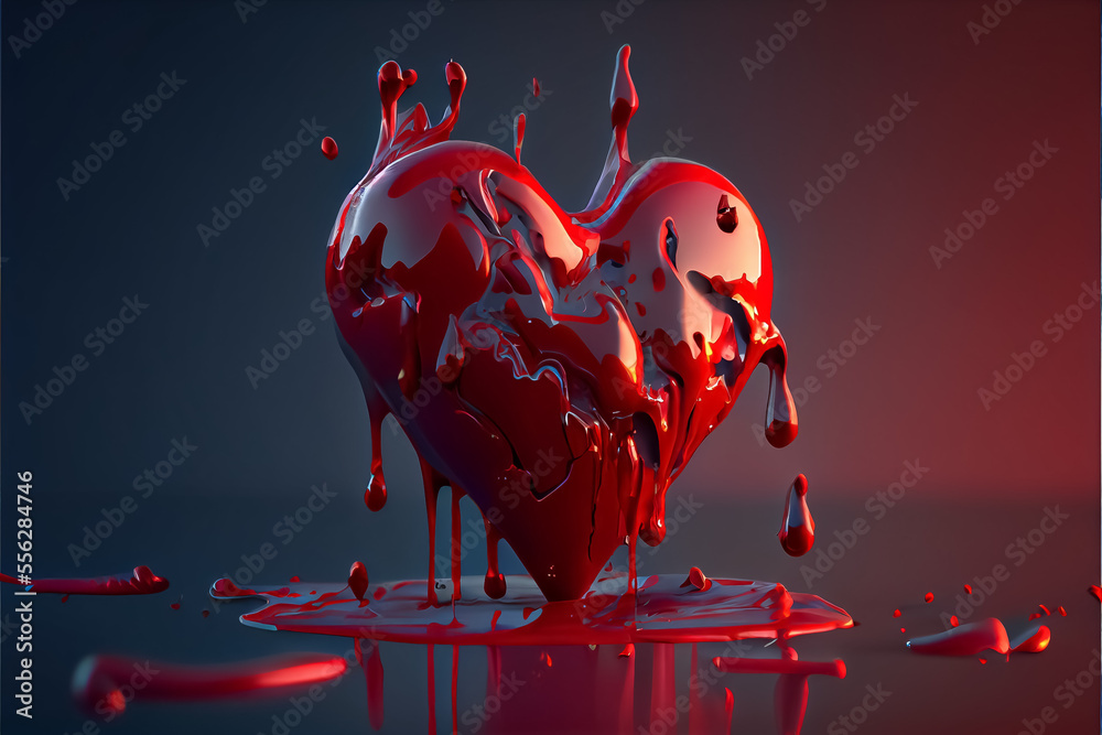 bloody heart in burgundy color liquid drain and splash on dark background.AI - obrazy, fototapety, plakaty 