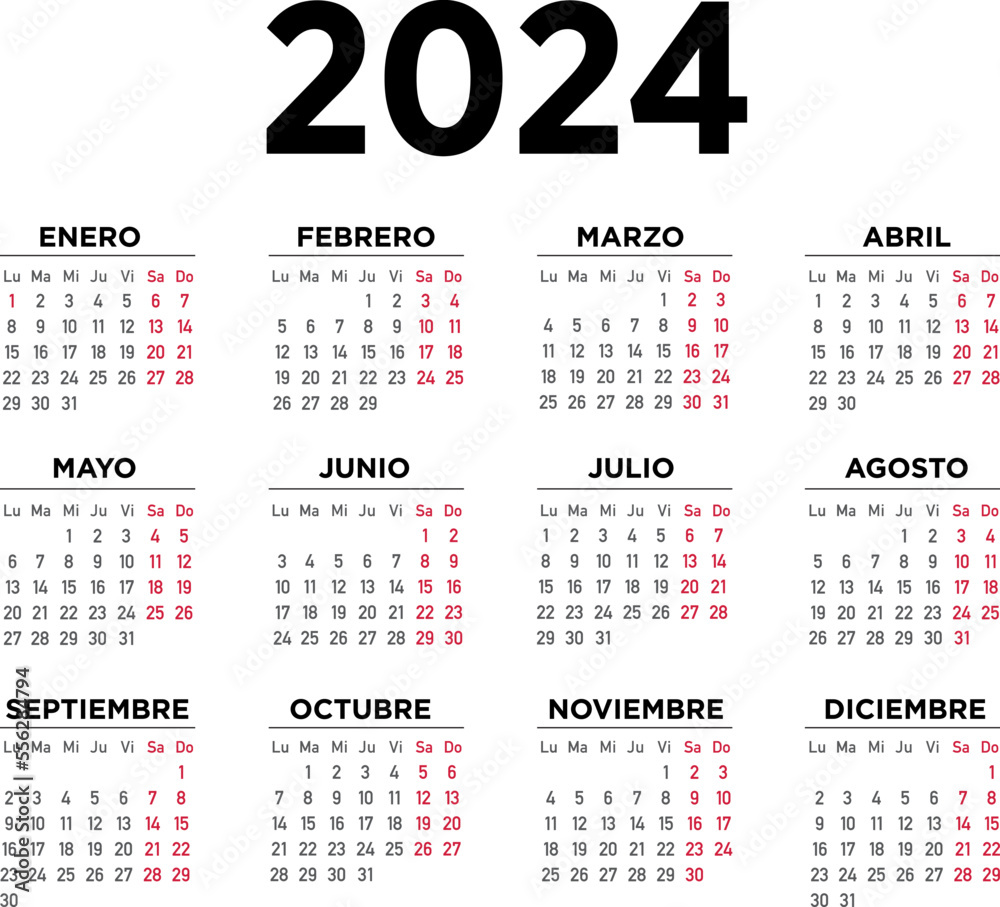 Calendario De La Semana Vecteur Stock Calendario 2024 español. Semana comienza el lunes | Adobe  Stock