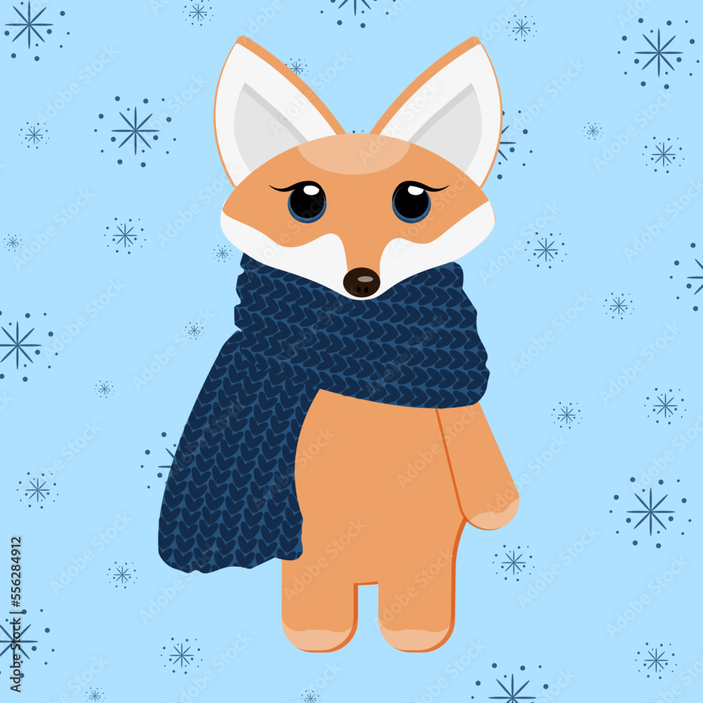 A little red fox in a blue knitted scarf with falling snowflakes on light blue background. Winter card with animal.