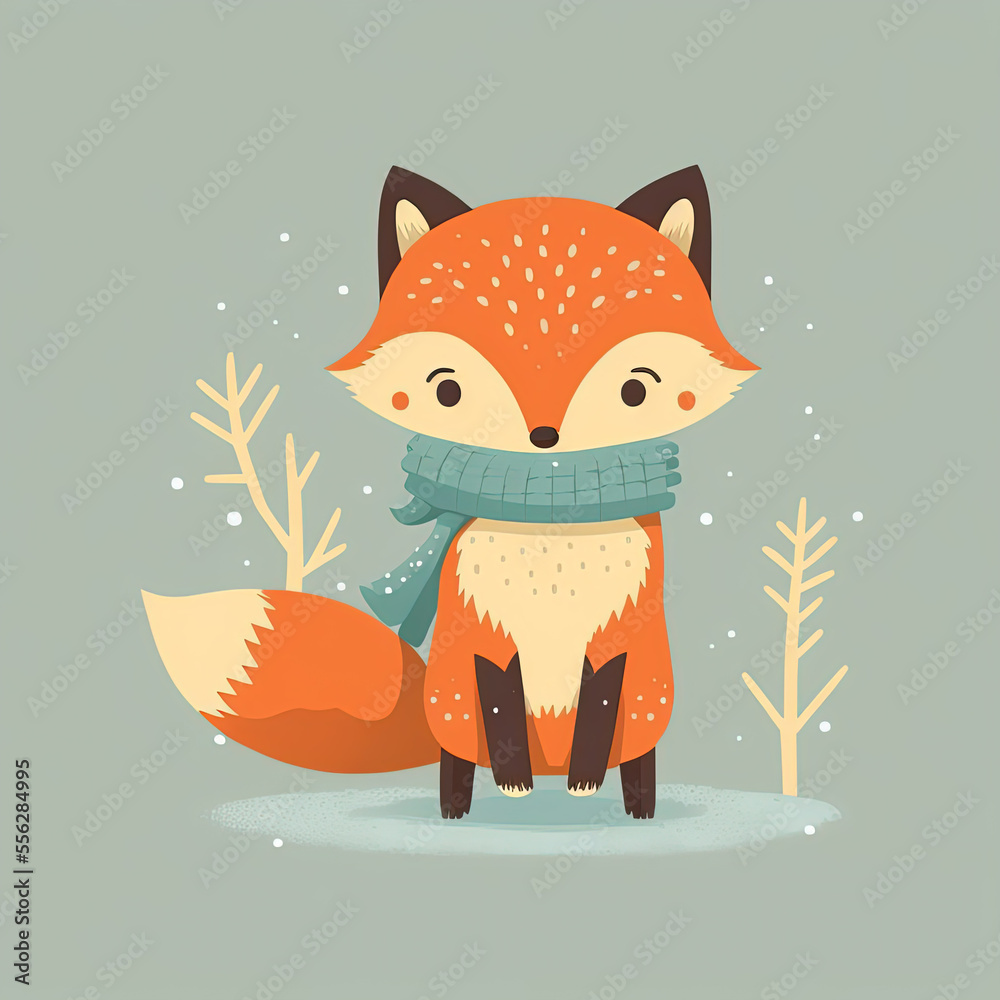 Obraz premium Cute fox Christmas 2D illustration, New Year cartoon icon