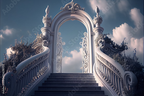 Fotografie, Tablou Gates lights of heaven in fog above blue sky background and stairs