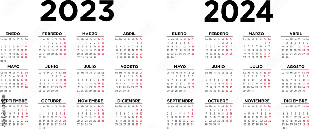 Vettoriale Stock Calendario 2023 2024 español. Semana comienza el lunes