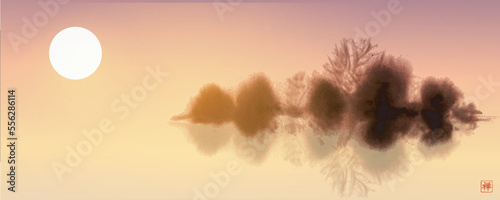 Dreamy landscape with misty forest island and golden sunrise backround. Traditional oriental ink painting sumi-e, u-sin, go-hua. Translation of hieroglyph - zen
