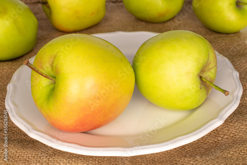 Two sweet green apples with a white ceramic plate on a jute cloth  macro.