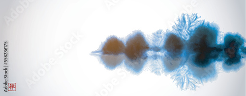 Ink wash painting in minimalist and clean style. Blue misty island with forest trees and big red sun on vintage background. Oriental ink painting sumi-e, u-sin, go-hua. Translation of hieroglyph - zen