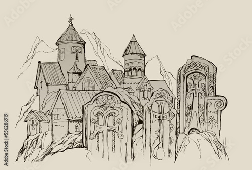 Stones of Armenia. Sketch of ancient church and old Armenian khachkar crosses. Drawing from nature in vicinity lake Sevan. Hand drawn artwork. Travel through countries of the Caucasus. Vector image. photo