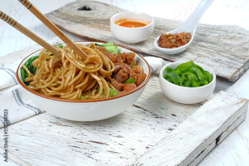 mie yamin,indonesian chicken noodle. photo