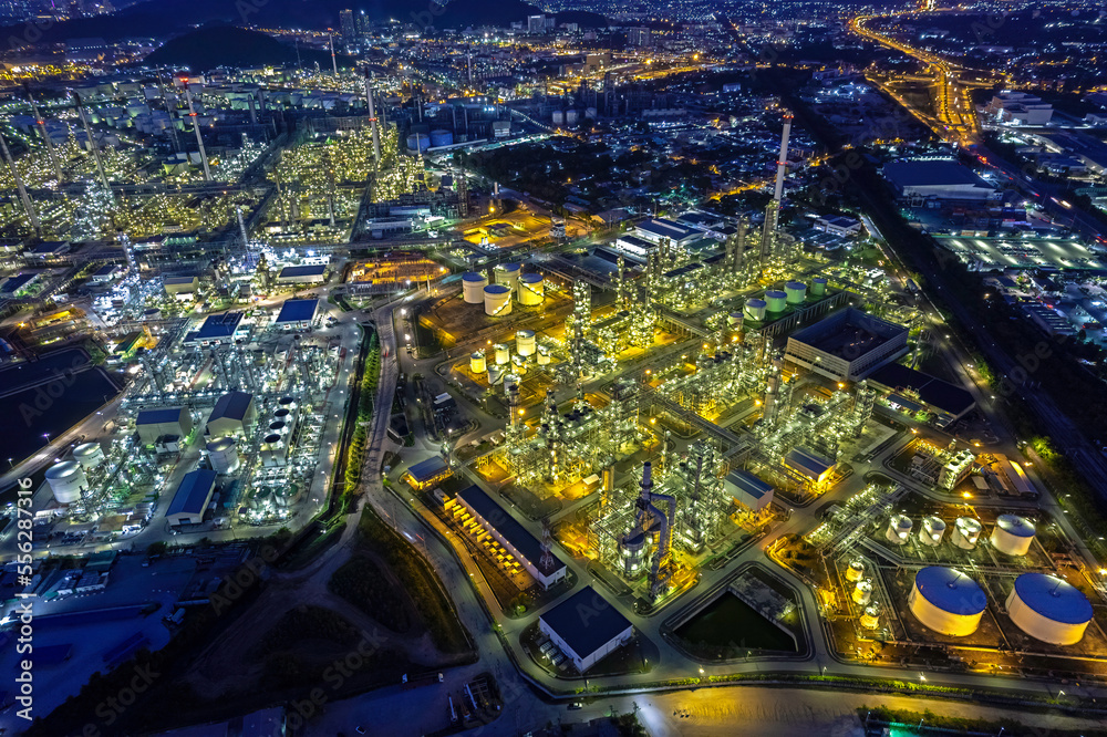 Aerial view of the oil and gas industry - oil refineries, shot from drone, oil refineries and petrochemical plants.