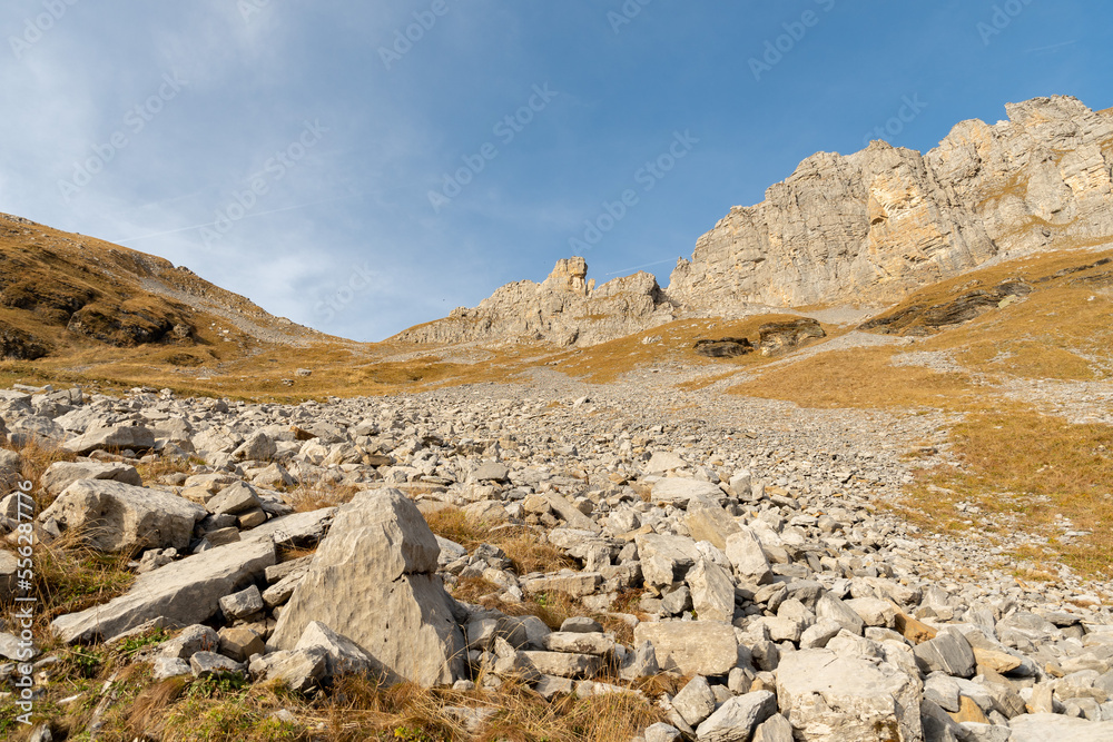 View over the majestic swiss alps at the Klausenpass on a sunny day