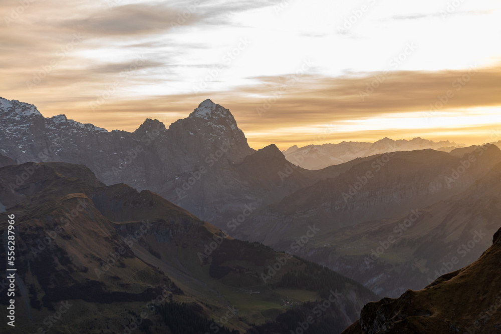 Majestic sunset scenery from the top of the Balmer Graetli region at the Klausenpass in Switzerland
