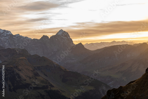 Majestic sunset scenery from the top of the Balmer Graetli region at the Klausenpass in Switzerland