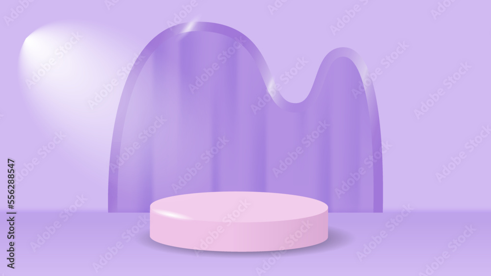 Podium scene purple background. podium with curtain behind and spotlight for product promotion, business, cosmetic. Vector 3D minimalism