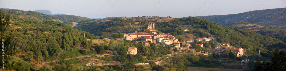 Panoramic view of Le Vivier village with its medieval castle ruin in the morning, Occitanie in France