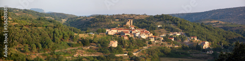 Panoramic view of Le Vivier village with its medieval castle ruin in the morning, Occitanie in France