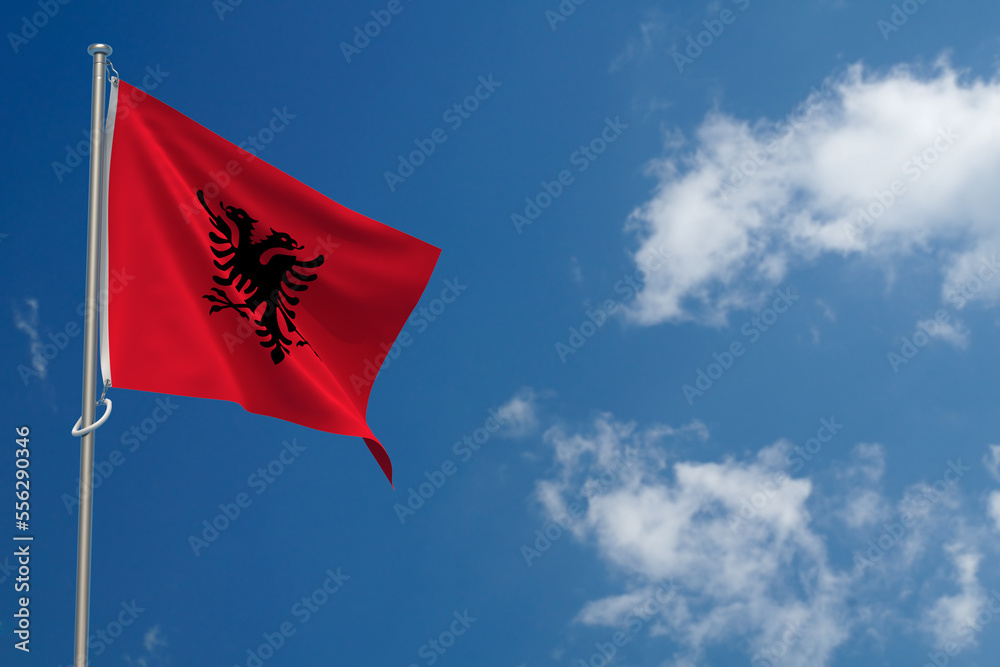 Republic of Albania Flags Over Blue Sky Background. 3D Illustration Republic of Albania Flags Over Blue Sky Background. 3D Illustration