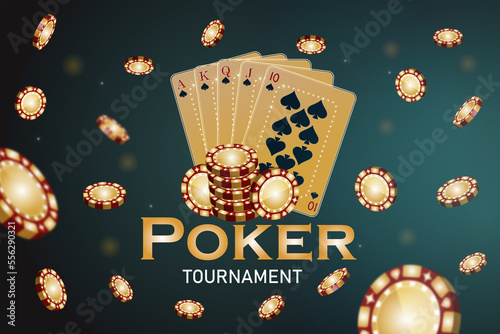 Poker tournament banner with bright light, flash royal card and fly casino chips