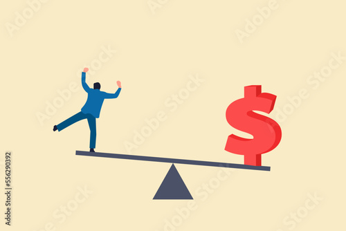 businessman balancing on a seesaw with a dollar finance money symbol. concept off financial balance, optimization and Saving budget.