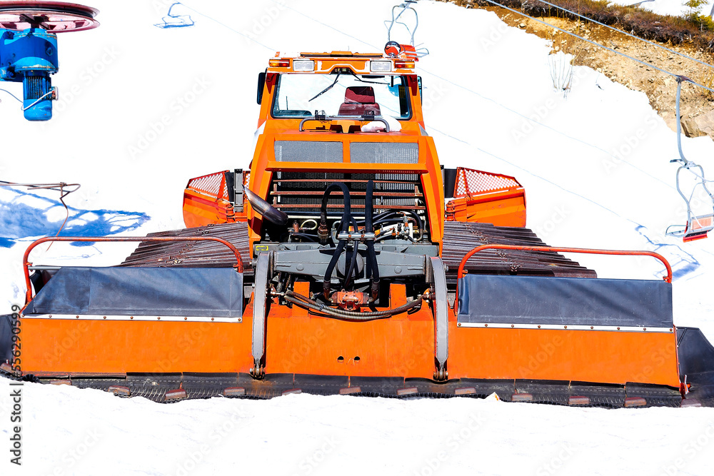 snowcat ratrack with snowplow,grooming machine,remover truck preparing ski slope, winter resort snowcat ratrack with snowplow,grooming machine,remover truck preparing ski slope, winter resort