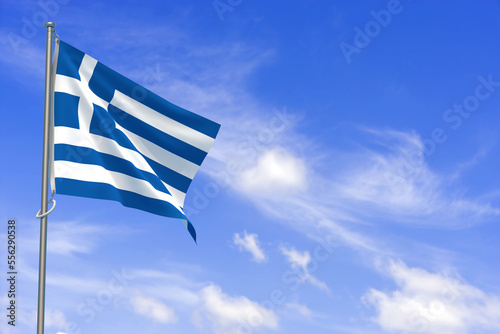 Hellenic Republic Flags Over Blue Sky Background. 3D Illustration