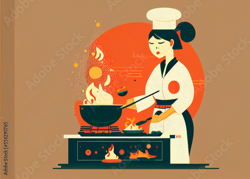 Woman cook of asian cuisine. Minimalist drawing.