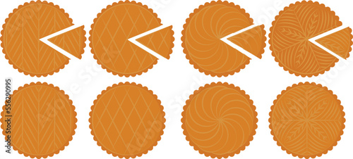 Galette des rois traditional french epiphany cake entire and with slice. Colored vector icon set.