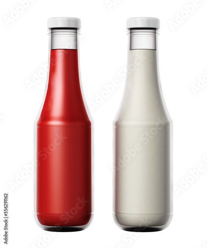 Ketchup and mayonnaise bottles on transparent background.