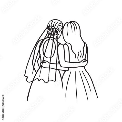 brides stand side by side and back to the viewer at their wedding - hand drawn doodle drawing. lesbian wedding