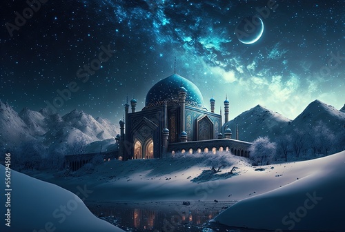 illustration of beautiful landscape in winter season with mosque
