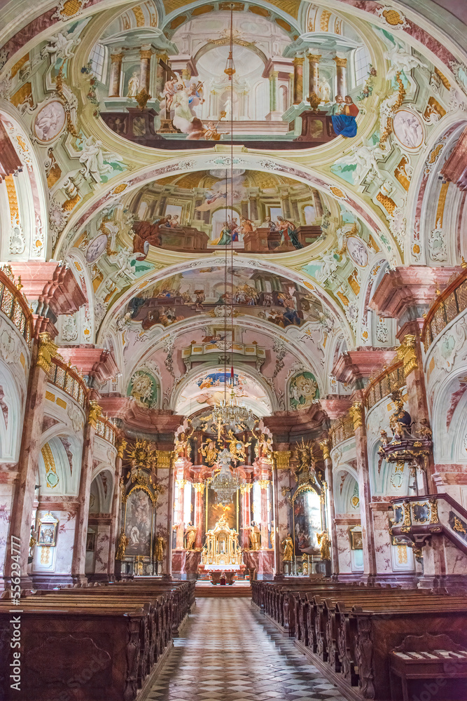 The picturesque Rein Abbey church interior, founded in 1129, the oldest Cistercian abbey in the world, located in Rein near Graz, Steiermark, Austria